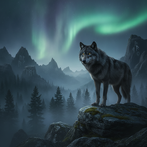 Loup nordique solitaire dans une foret de pins au crepuscule, ambiance mystique du pantheon viking