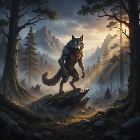 Loup-garou sous la pleine lune dans une forêt brumeuse