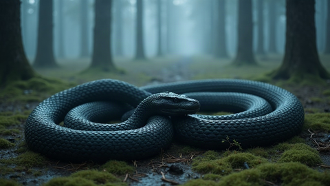 Serpent sombre lové en cercle sur la mousse d'une forêt nordique brumeuse, évoquant l'ouroboros