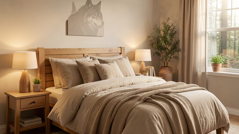 Chambre aux tons naturels avec plaid épais et lumière tamisée