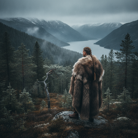 Guerrier nordique de dos avec une longue tresse, face à un fjord brumeux