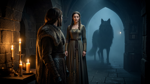 Judith reine du Wessex dans une salle medievale, silhouette de loup dans la brume