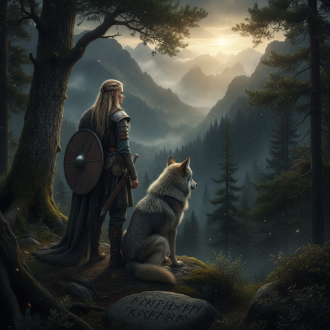 Lagertha viking shield-maiden ambiance nordique foret loup