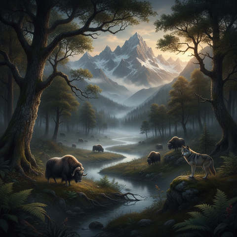 Ambiance nordique viking : forêt scandinave, brume matinale, palette bleu-gris-brun