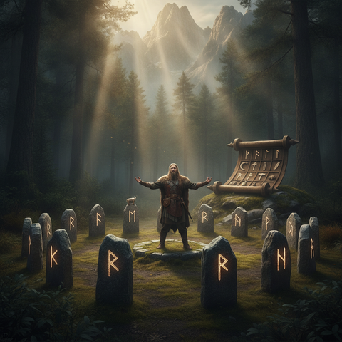 Pierre runique scandinave gravee de runes du Vieux Futhark, ambiance nordique