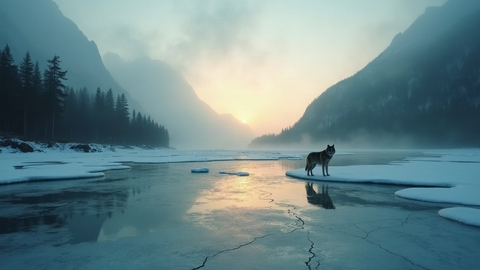 Lac gele fissure au crepuscule dans une vallee nordique brumeuse, un loup solitaire au bord de la glace
