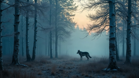 Forêt de bouleaux givrés au crépuscule avec un loup solitaire, ambiance nordique