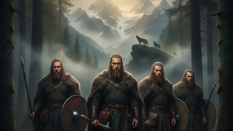 Quatre guerriers vikings dans une foret nordique, des loups hurlant sur un promontoire en arriere-plan