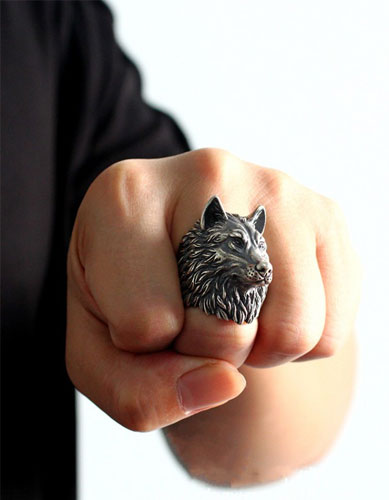 Bague loup - acier, argent, chevalière et symbole alpha