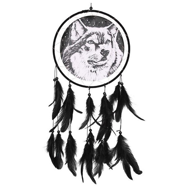 Attrape-reve loup - decoration murale spirituelle inspiree de la tradition amerindienne, plumes et perles