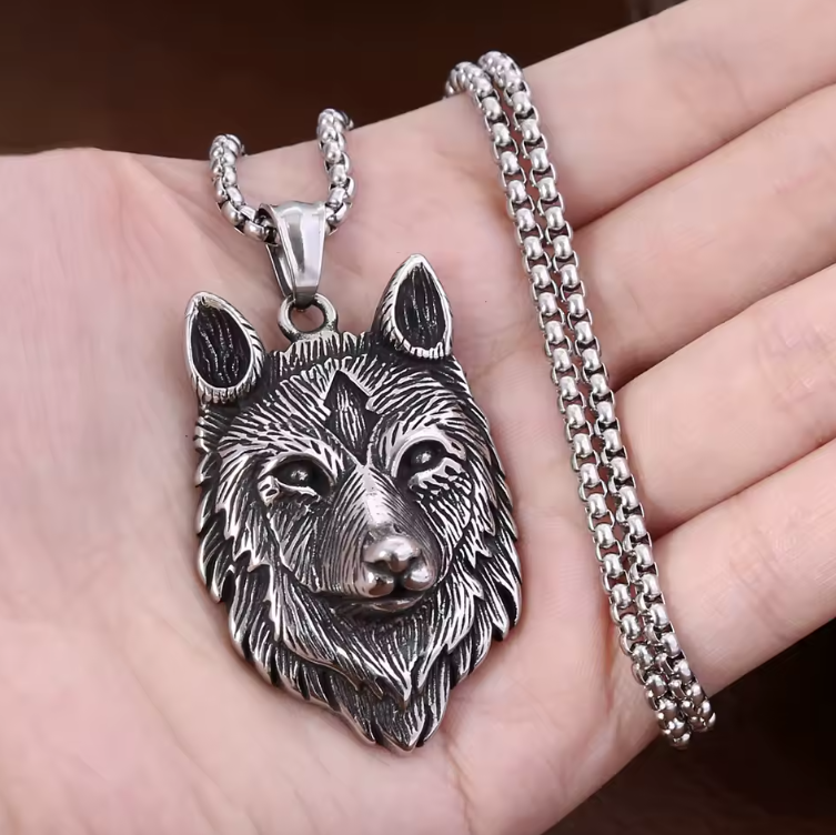 Collana con ciondolo a forma di dente in resina con testa di lupo color argento, Collana con ciondolo a forma di testa di lupo da uomo, Collana da donna, Gioielli per animali
